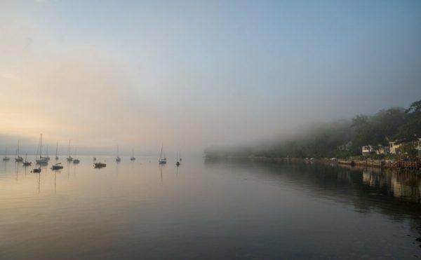 Bayside harbor and south shore as morning fog burns off