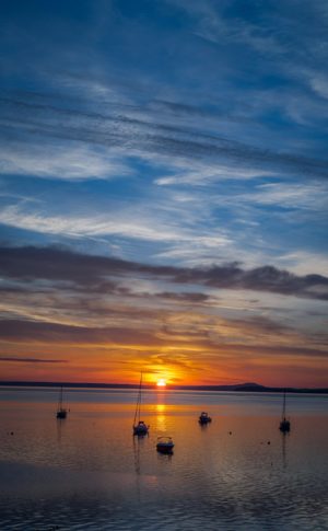 sun just clearing horizon behind boats at anchor, Bayside harbor